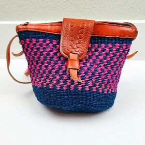 Handwoven Pink and  Blue Straw Shoulder Bag With Leather Trim, Zip Closure